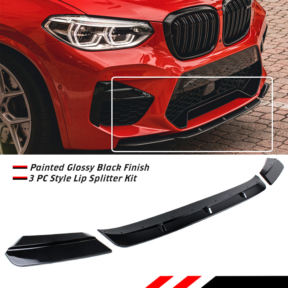 F97 X3M & F98 X4M BMW 3 PC Style Lip Splitter Kit Glossy Black 2019-2021