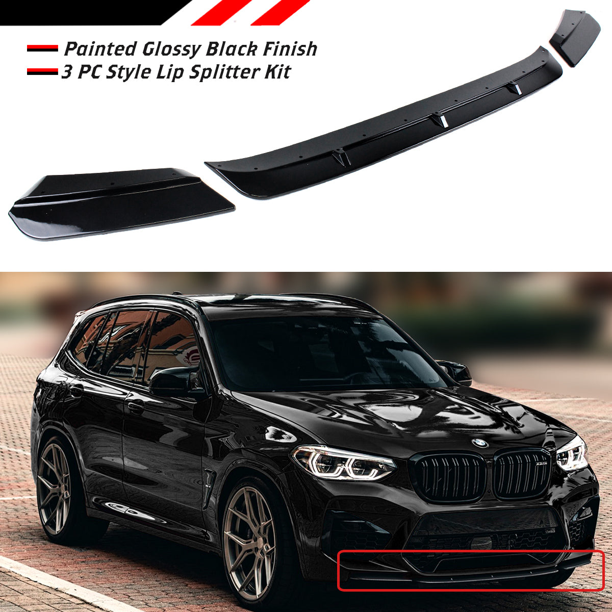 F97 X3M & F98 X4M BMW 3 PC Style Lip Splitter Kit Glossy Black 2019-2021